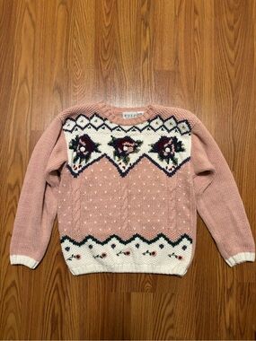 Vintage Russ Rose Pink Floral Fair Isle Knit Sweater